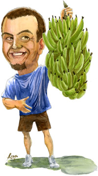 Watercolor illustration of Tony holding a bunch of bananas.